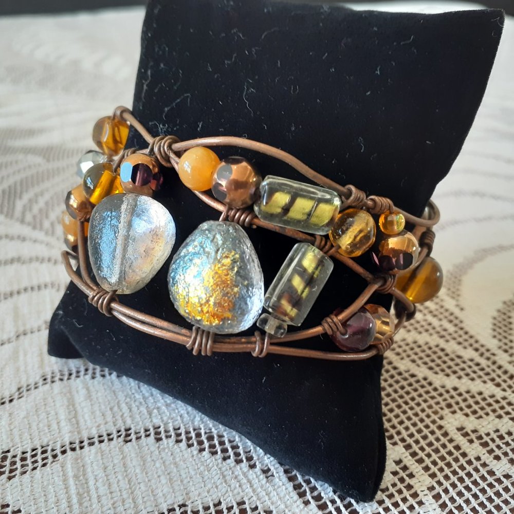 Vintage Artisan Wire Art Glass Cuff Bracelet